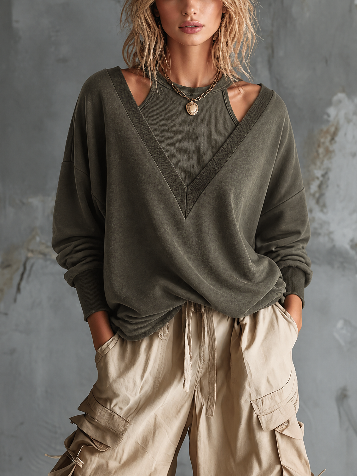 ElevenOra Chic Casual Dark Olive Halter Deep V Neck Dropped Shoulder Long Sleeve Loose-Fit French Terry Sweatshirt