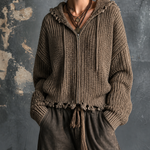 ElevenOra Chic Casual Taupe Hooded-Collar Zip Front Dropped Shoulder Long-Sleeve Frayed Hem Loose-Fit Chunky Knit Cardigan