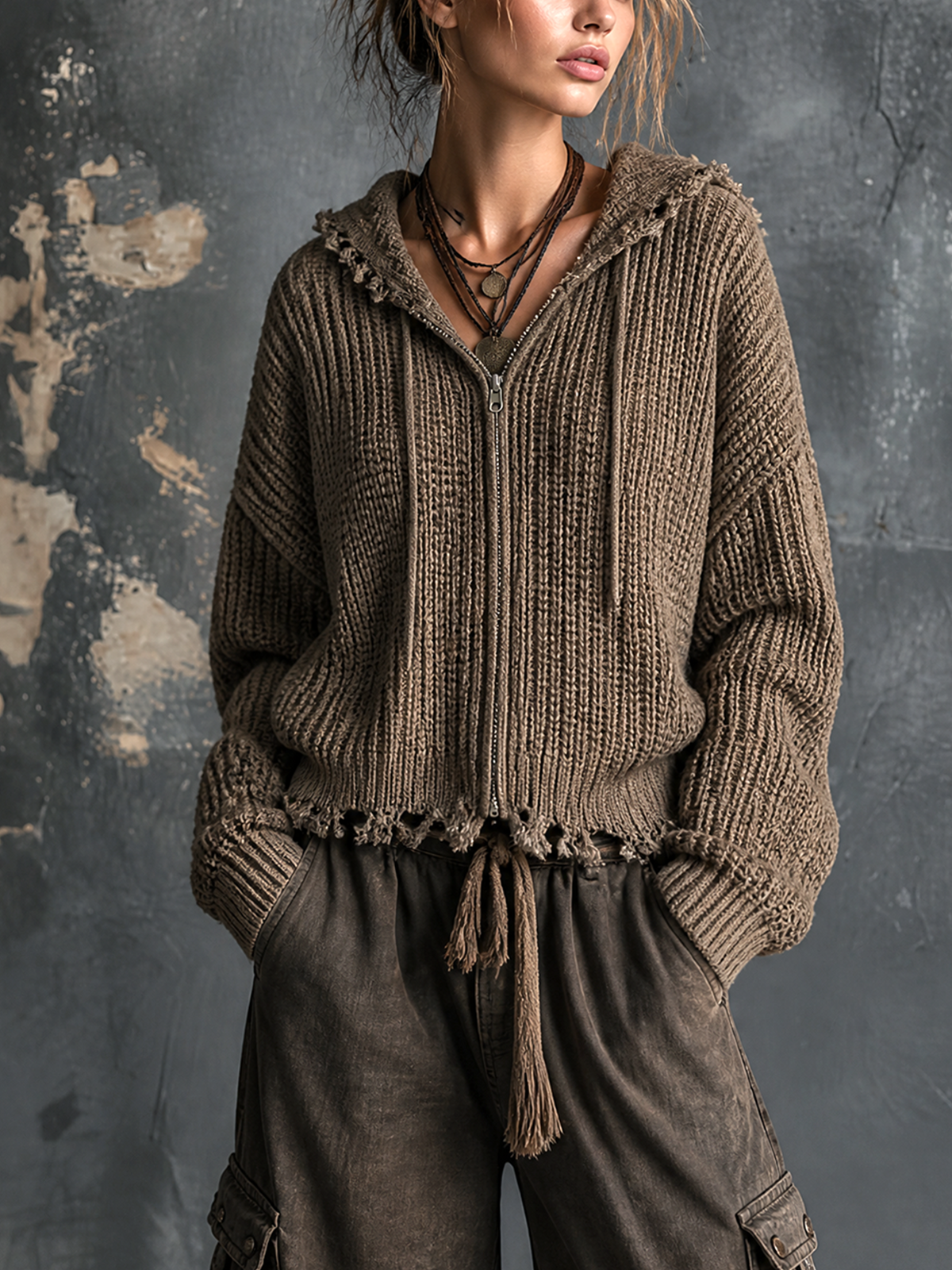 ElevenOra Chic Casual Taupe Hooded-Collar Zip Front Dropped Shoulder Long-Sleeve Frayed Hem Loose-Fit Chunky Knit Cardigan