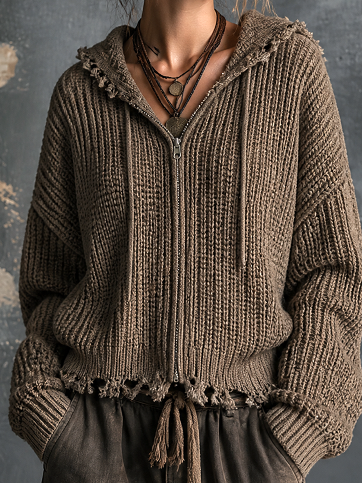 ElevenOra Chic Casual Taupe Hooded-Collar Zip Front Dropped Shoulder Long-Sleeve Frayed Hem Loose-Fit Chunky Knit Cardigan