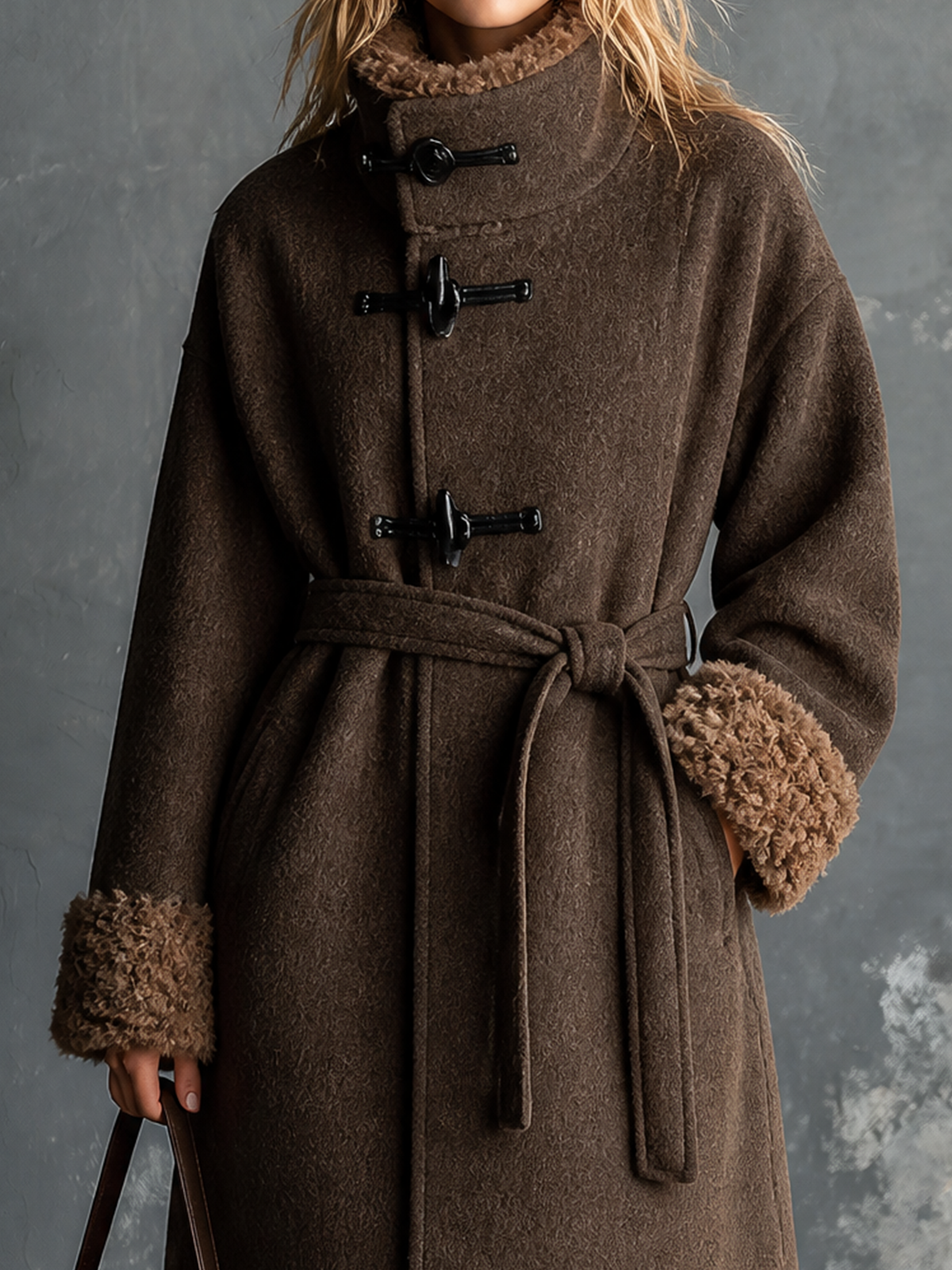 ElevenOra Chic Elegant Deep Brown Lapel Collar Oggle Button Long Sleeve Teddy Fleece Contrast Trim Waist Tie Long Wool Blend Coat