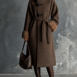 ElevenOra Chic Elegant Deep Brown Lapel Collar Oggle Button Long Sleeve Teddy Fleece Contrast Trim Waist Tie Long Wool Blend Coat
