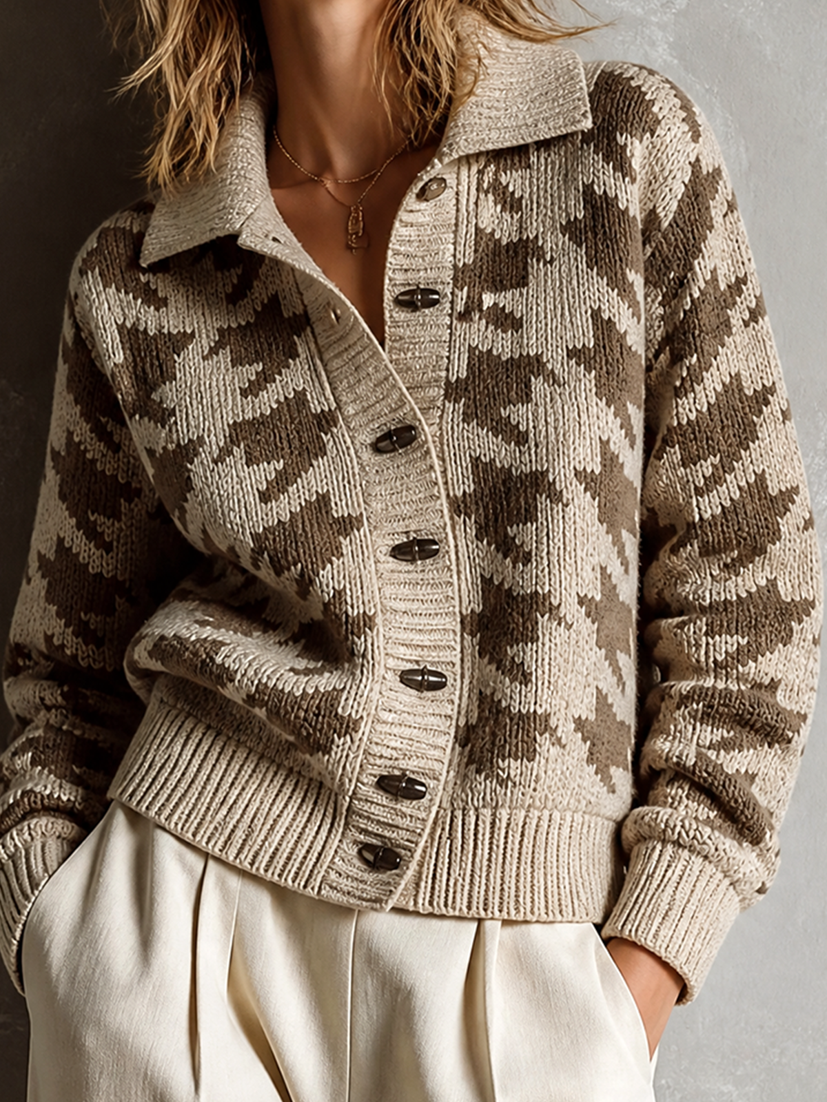 ElevenOra Chic Casual Cream-Brown Lapel Collar Houndstooth Jacquard Single-Breasted Long-Sleeve Loose-Fit Knit Cardigan