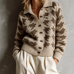 ElevenOra Chic Casual Cream-Brown Lapel Collar Houndstooth Jacquard Single-Breasted Long-Sleeve Loose-Fit Knit Cardigan