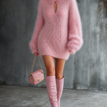 ElevenOra Chic Elegant Pink Keyhole Neck Bow Detail Dropped Shoulder Long Sleeve Slim-Fit Fuzzy Mohair Knit Mini Dress