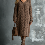 ElevenOra Chic Elegant Brown Hooded-Collar Long Sleeve Loose-Fit Chunky Cable Knit Midi Dress