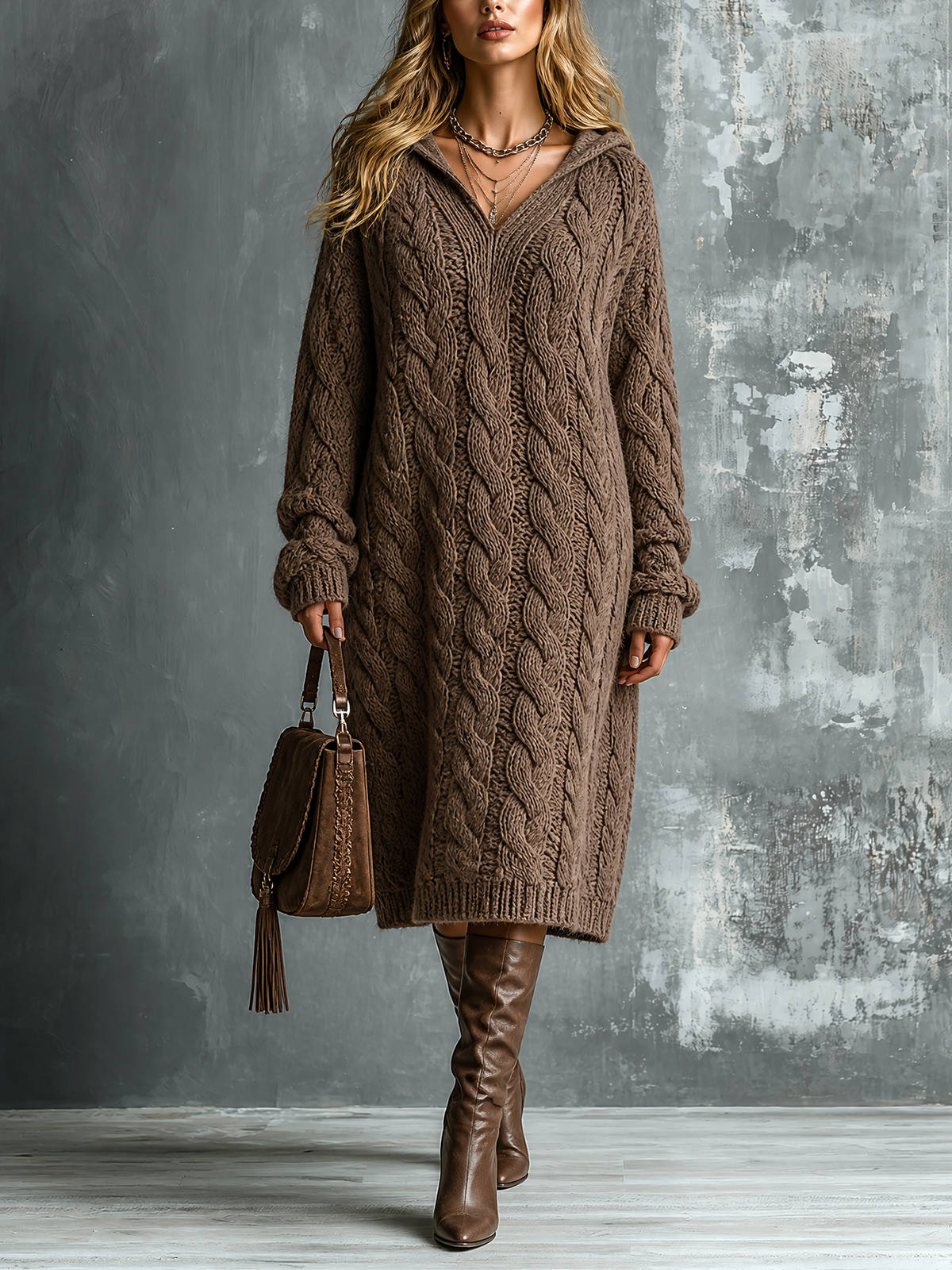 ElevenOra Chic Elegant Brown Hooded-Collar Long Sleeve Loose-Fit Chunky Cable Knit Midi Dress