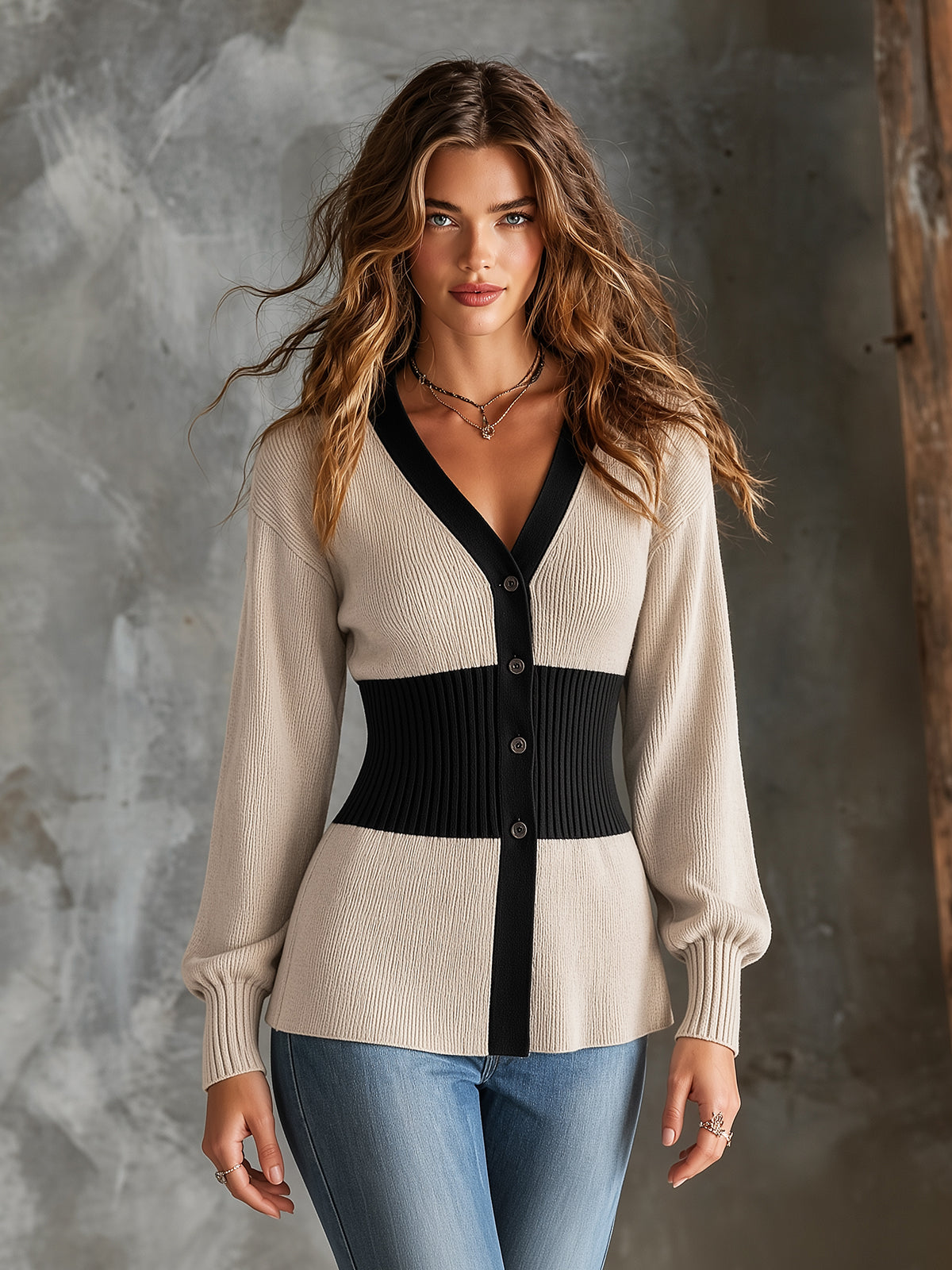 ElevenOra Chic Elegant Oatmeal-Black Colorblock V-Neck Long-Sleeve Single-Breasted Tailored-Waist Wool Blend Knit Cardigan