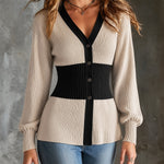 ElevenOra Chic Elegant Oatmeal-Black Colorblock V-Neck Long-Sleeve Single-Breasted Tailored-Waist Wool Blend Knit Cardigan