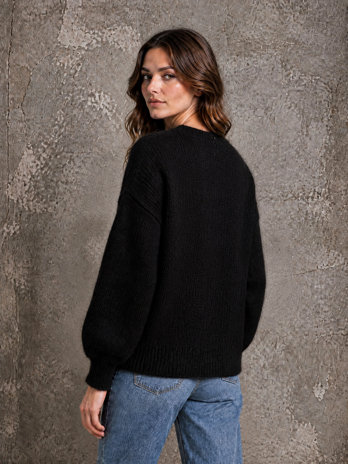 ElevenOra Chic Casual Black-White-Gray Colorblock Round-Neck Long-Sleeve Single-Breasted Loose-Fit Mohair Blend Knit Cardigan