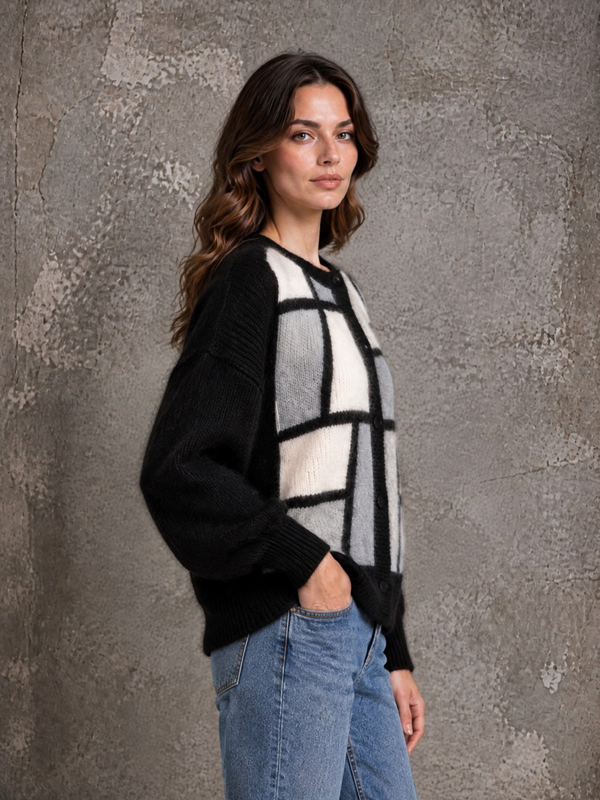 ElevenOra Chic Casual Black-White-Gray Colorblock Round-Neck Long-Sleeve Single-Breasted Loose-Fit Mohair Blend Knit Cardigan