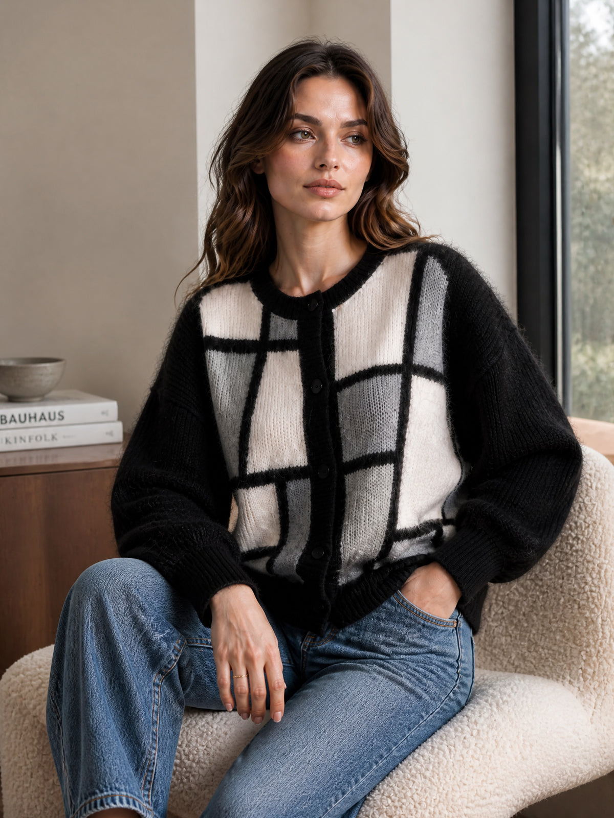 ElevenOra Chic Casual Black-White-Gray Colorblock Round-Neck Long-Sleeve Single-Breasted Loose-Fit Mohair Blend Knit Cardigan