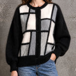 ElevenOra Chic Casual Black-White-Gray Colorblock Round-Neck Long-Sleeve Single-Breasted Loose-Fit Mohair Blend Knit Cardigan