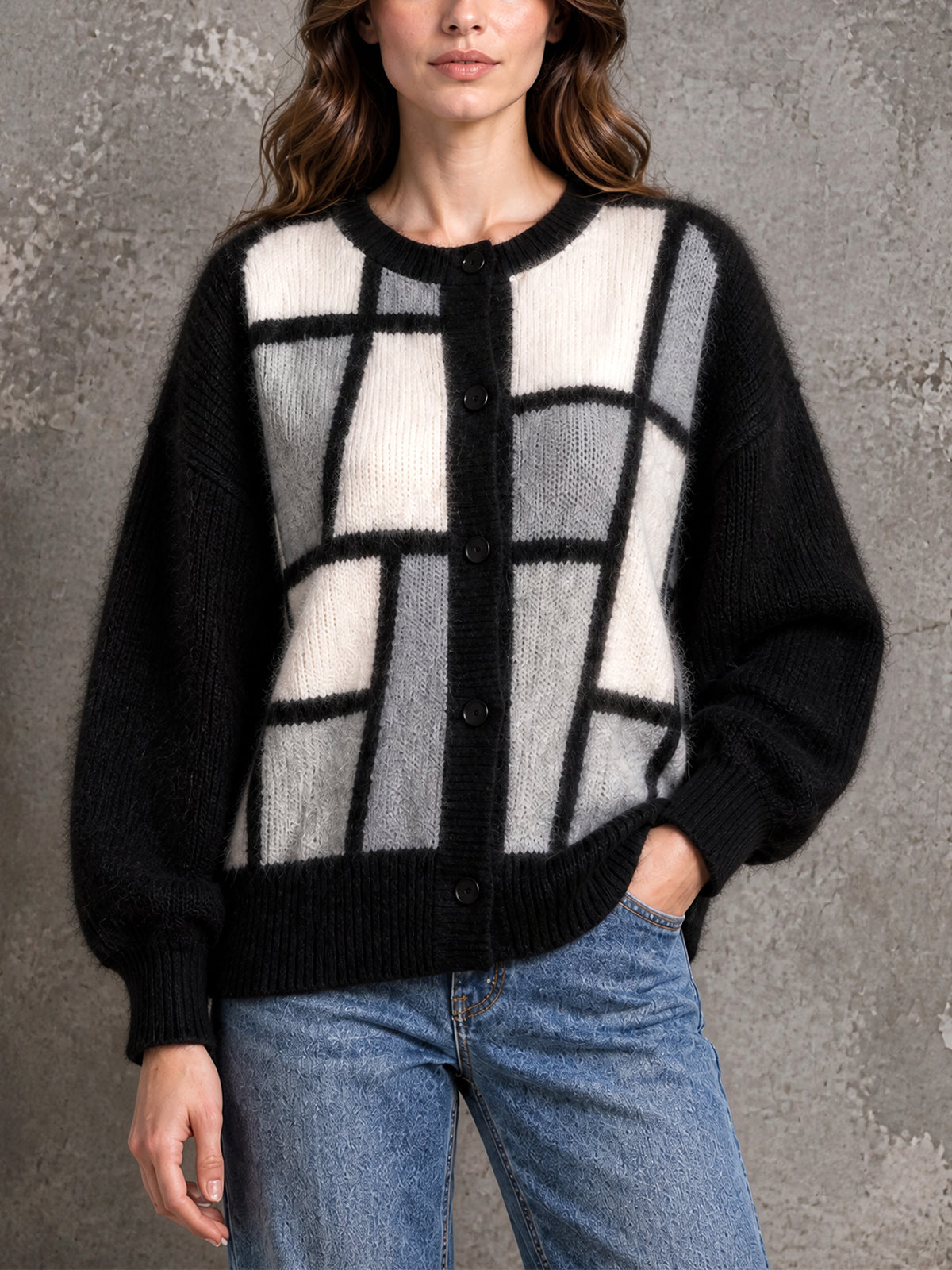 ElevenOra Chic Casual Black-White-Gray Colorblock Round-Neck Long-Sleeve Single-Breasted Loose-Fit Mohair Blend Knit Cardigan