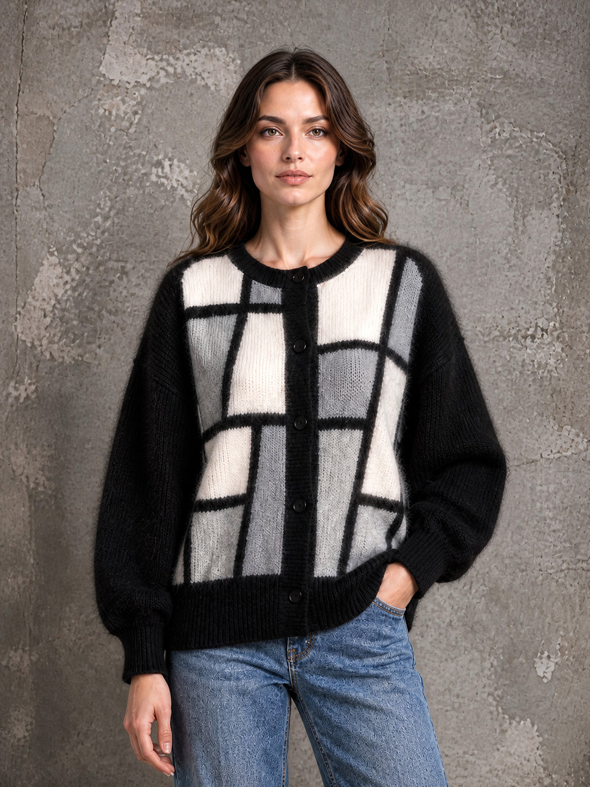 ElevenOra Chic Casual Black-White-Gray Colorblock Round-Neck Long-Sleeve Single-Breasted Loose-Fit Mohair Blend Knit Cardigan