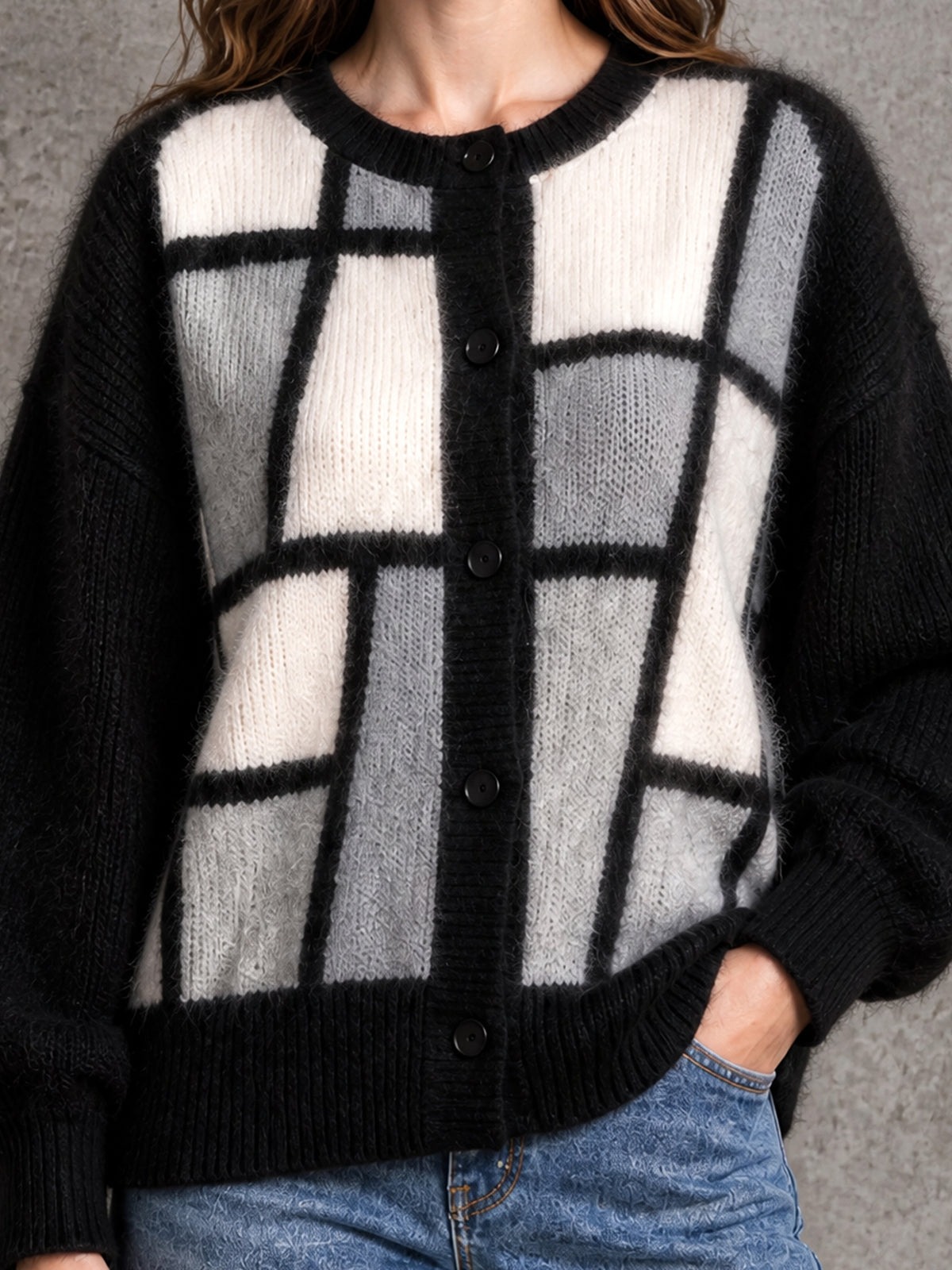 ElevenOra Chic Casual Black-White-Gray Colorblock Round-Neck Long-Sleeve Single-Breasted Loose-Fit Mohair Blend Knit Cardigan