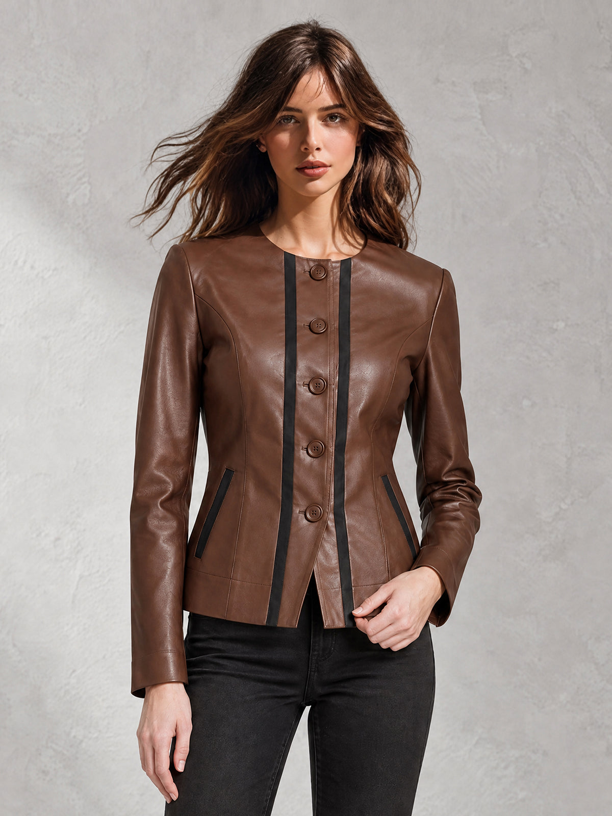 ElevenOra Chic Casual Brown-Black Faux Leather Colorblock Round-Neck Long-Sleeve Single-Breasted Slim-Fit Jacket