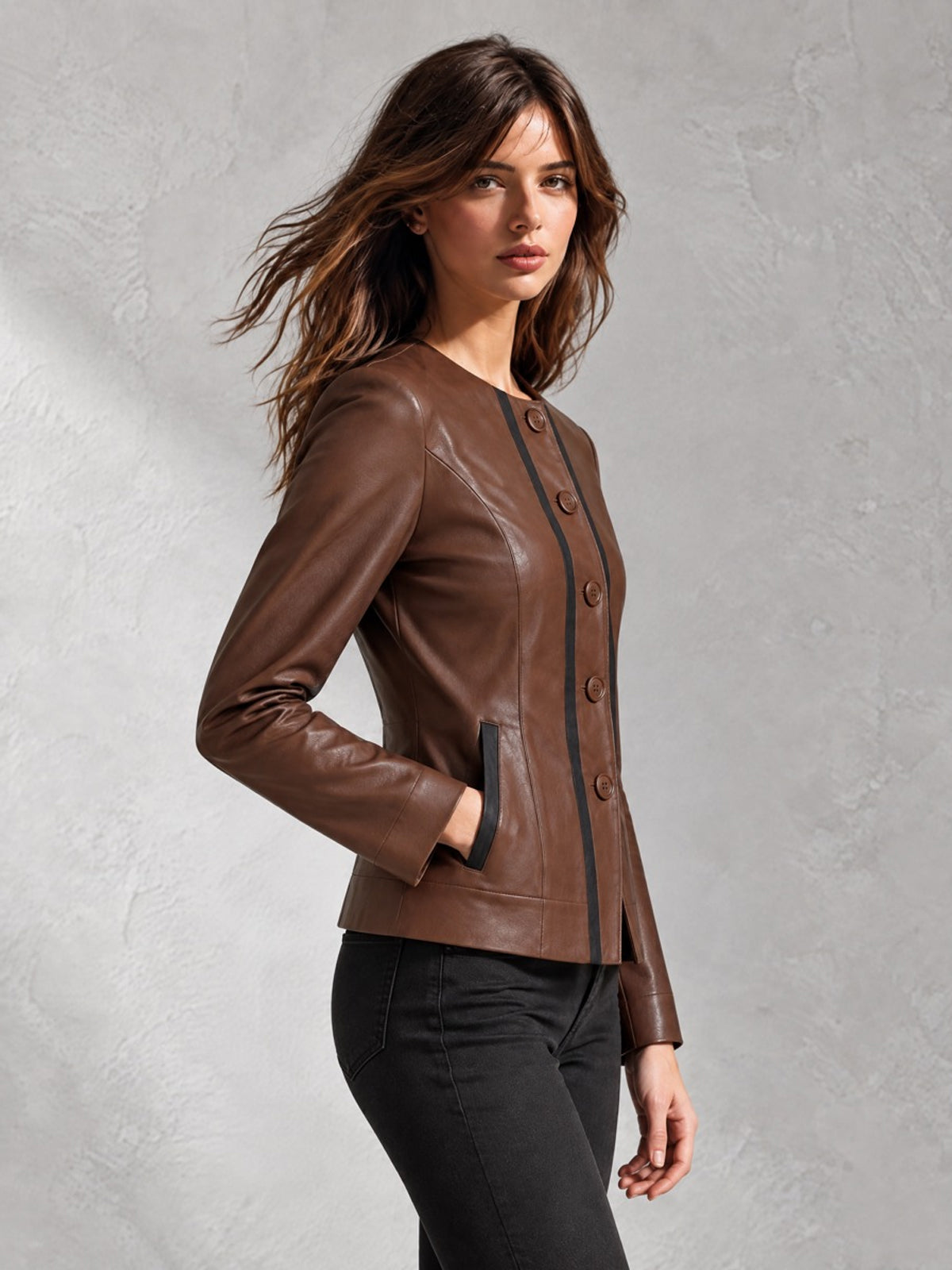 ElevenOra Chic Casual Brown-Black Faux Leather Colorblock Round-Neck Long-Sleeve Single-Breasted Slim-Fit Jacket