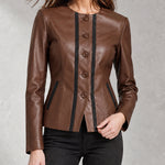 ElevenOra Chic Casual Brown-Black Faux Leather Colorblock Round-Neck Long-Sleeve Single-Breasted Slim-Fit Jacket