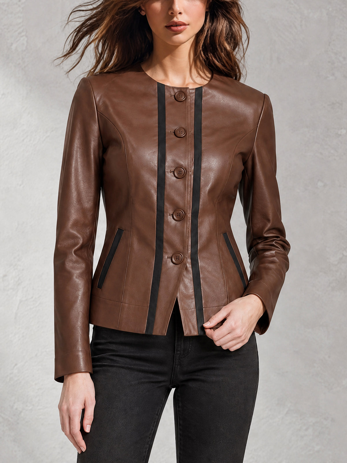 ElevenOra Chic Casual Brown-Black Faux Leather Colorblock Round-Neck Long-Sleeve Single-Breasted Slim-Fit Jacket