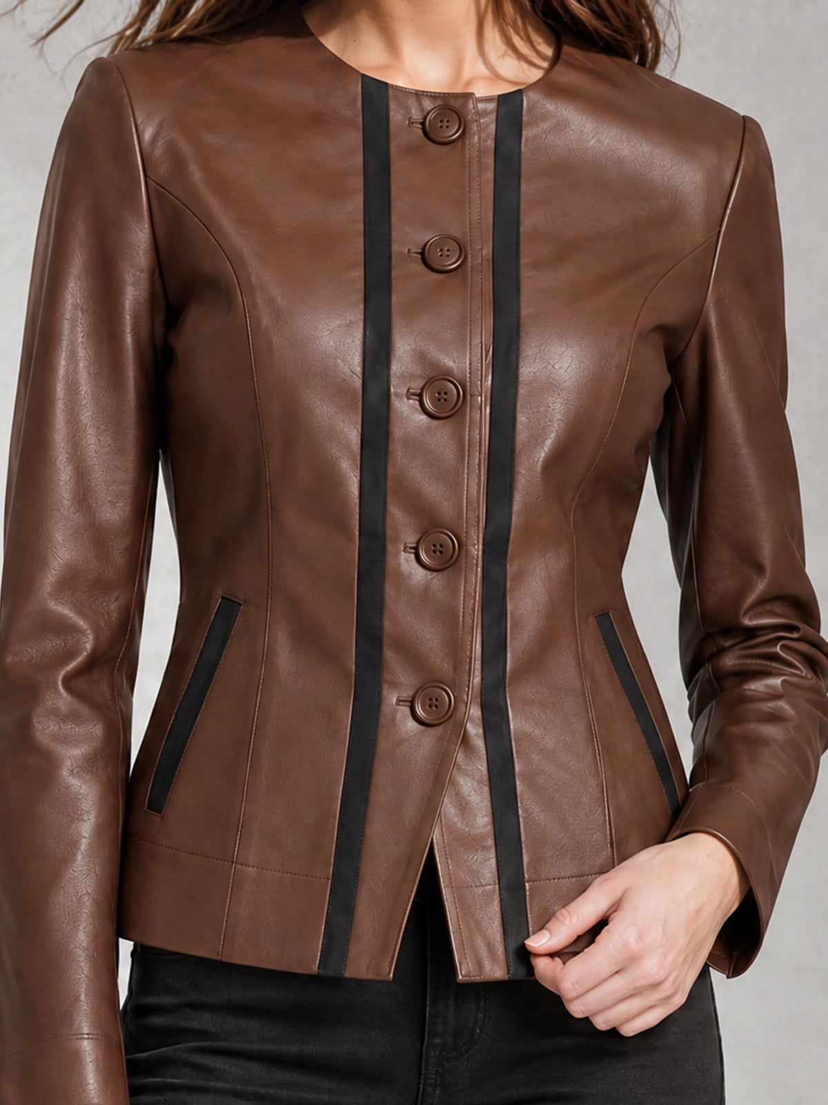 ElevenOra Chic Casual Brown-Black Faux Leather Colorblock Round-Neck Long-Sleeve Single-Breasted Slim-Fit Jacket