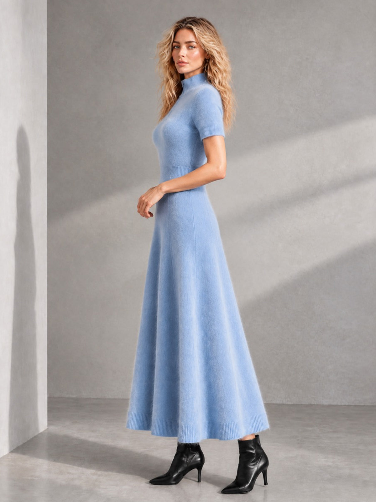 ElevenOra Chic Elegant Blue Zipper-Up Stand-Collar Short-Sleeve Tailored-Waist A-Line Soft Mohair Blend Knit Maxi Dress