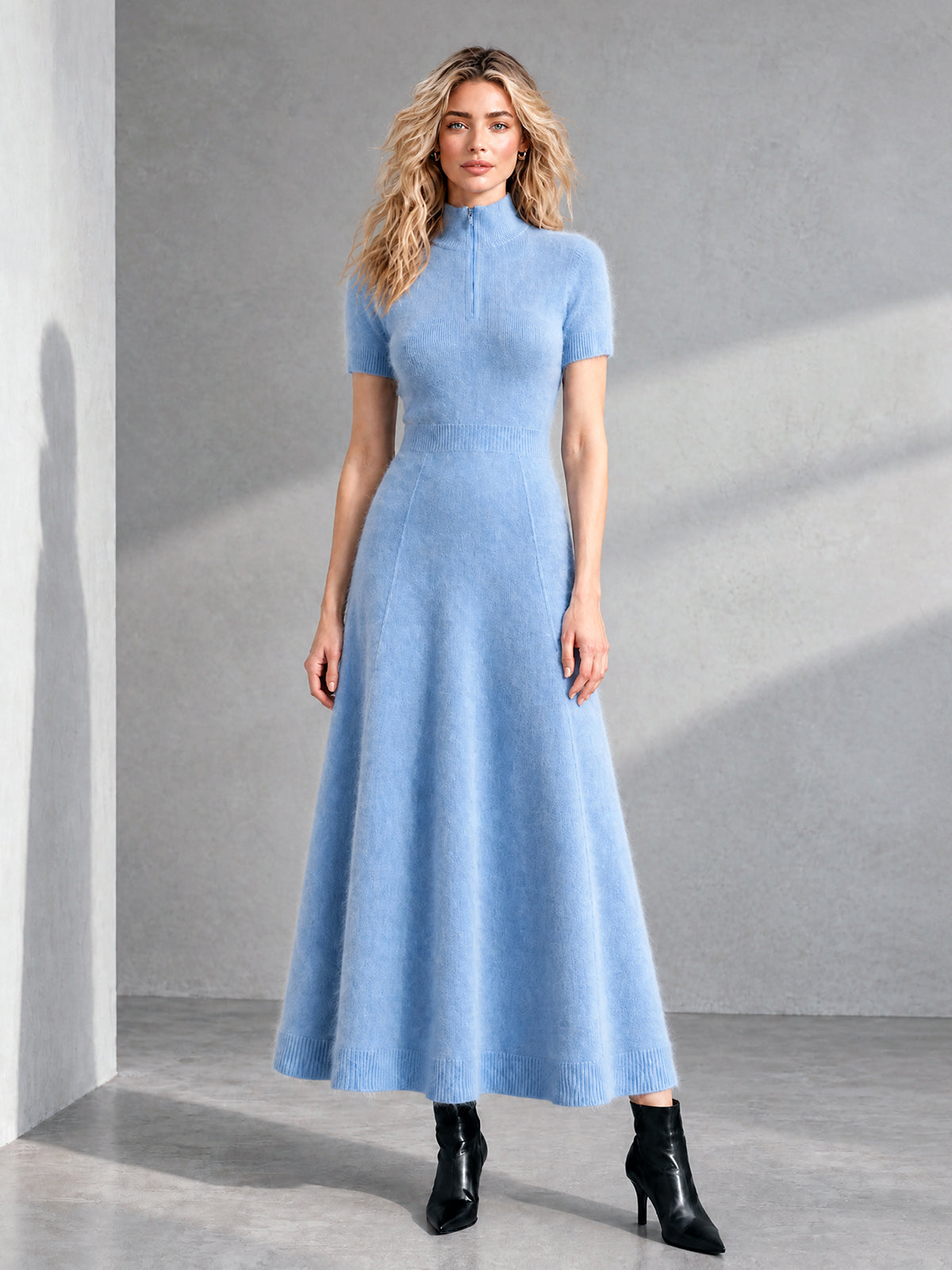 ElevenOra Chic Elegant Blue Zipper-Up Stand-Collar Short-Sleeve Tailored-Waist A-Line Soft Mohair Blend Knit Maxi Dress