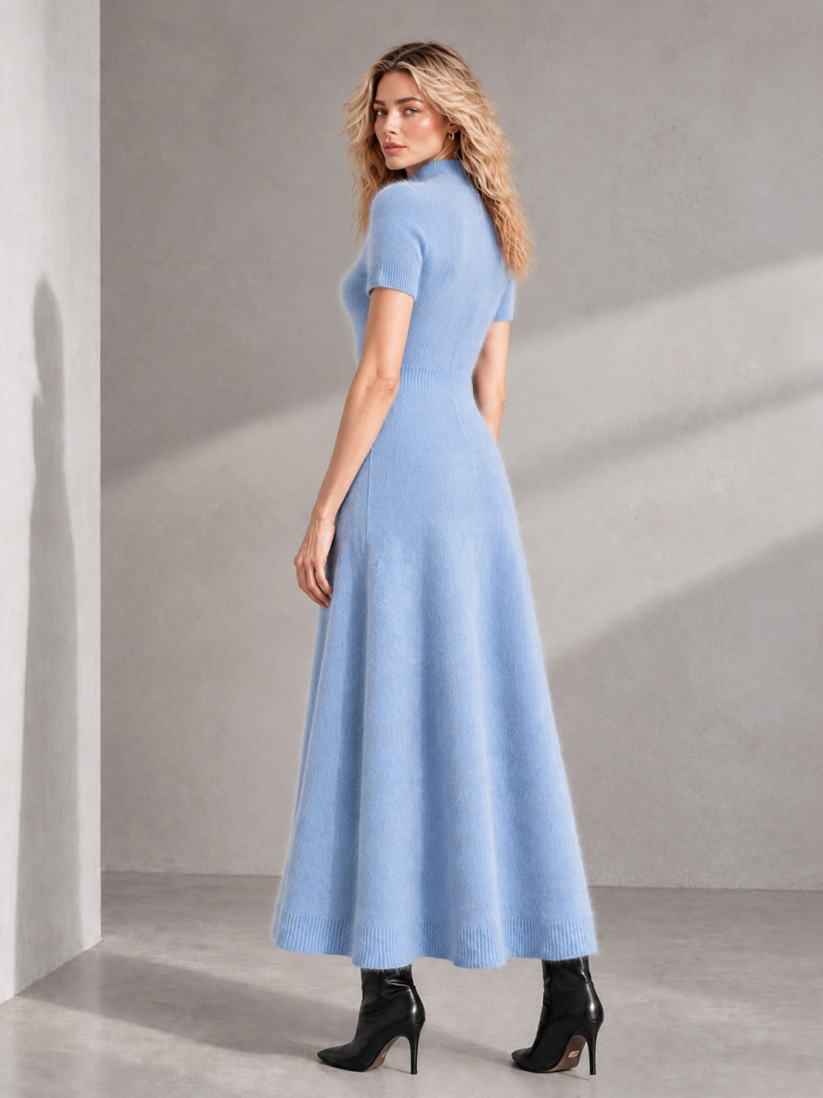 ElevenOra Chic Elegant Blue Zipper-Up Stand-Collar Short-Sleeve Tailored-Waist A-Line Soft Mohair Blend Knit Maxi Dress