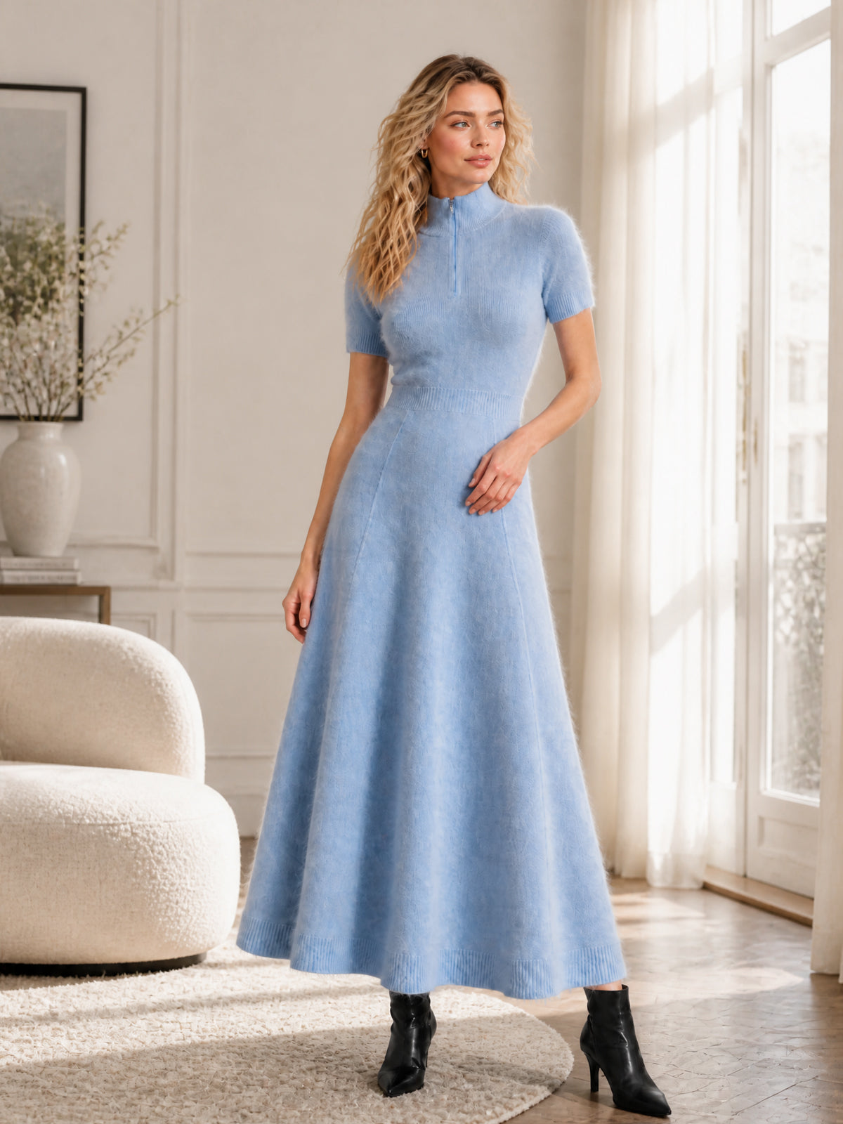 ElevenOra Chic Elegant Blue Zipper-Up Stand-Collar Short-Sleeve Tailored-Waist A-Line Soft Mohair Blend Knit Maxi Dress