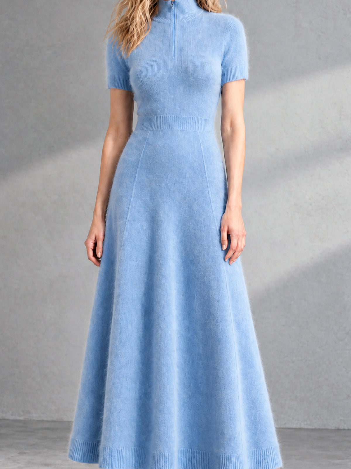 ElevenOra Chic Elegant Blue Zipper-Up Stand-Collar Short-Sleeve Tailored-Waist A-Line Soft Mohair Blend Knit Maxi Dress