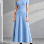 ElevenOra Chic Elegant Blue Zipper-Up Stand-Collar Short-Sleeve Tailored-Waist A-Line Soft Mohair Blend Knit Maxi Dress