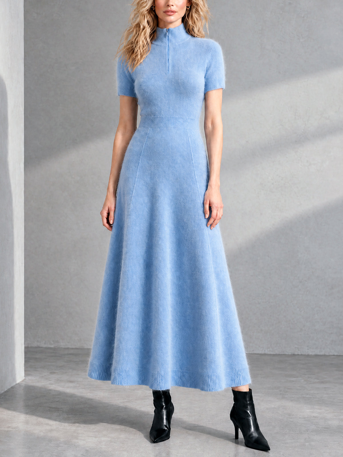 ElevenOra Chic Elegant Blue Zipper-Up Stand-Collar Short-Sleeve Tailored-Waist A-Line Soft Mohair Blend Knit Maxi Dress
