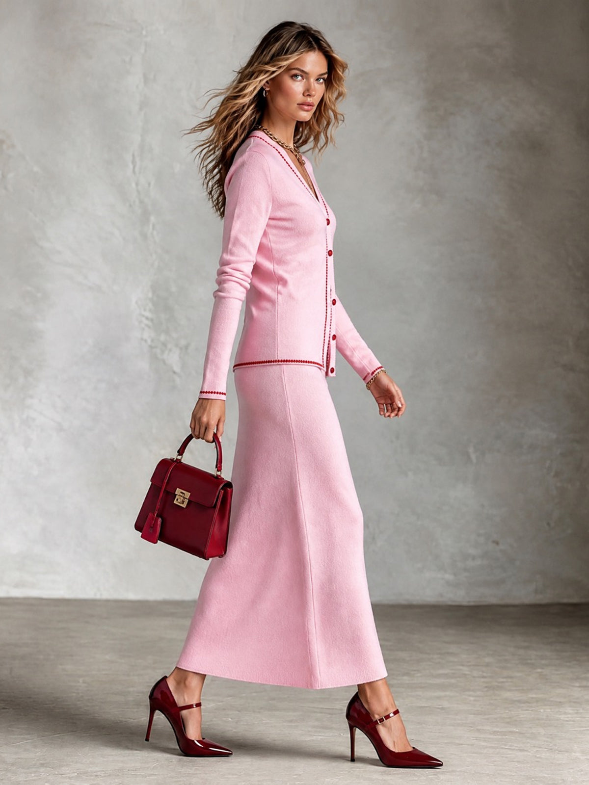 ElevenOra Chic Elegant Pink V-Neck Long-Sleeve Single-Breasted Cardigan Straight Maxi Skirt Red Trim Detail Wool Blend Knit Two-Piece Set