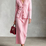 ElevenOra Chic Elegant Pink V-Neck Long-Sleeve Single-Breasted Cardigan Straight Maxi Skirt Red Trim Detail Wool Blend Knit Two-Piece Set