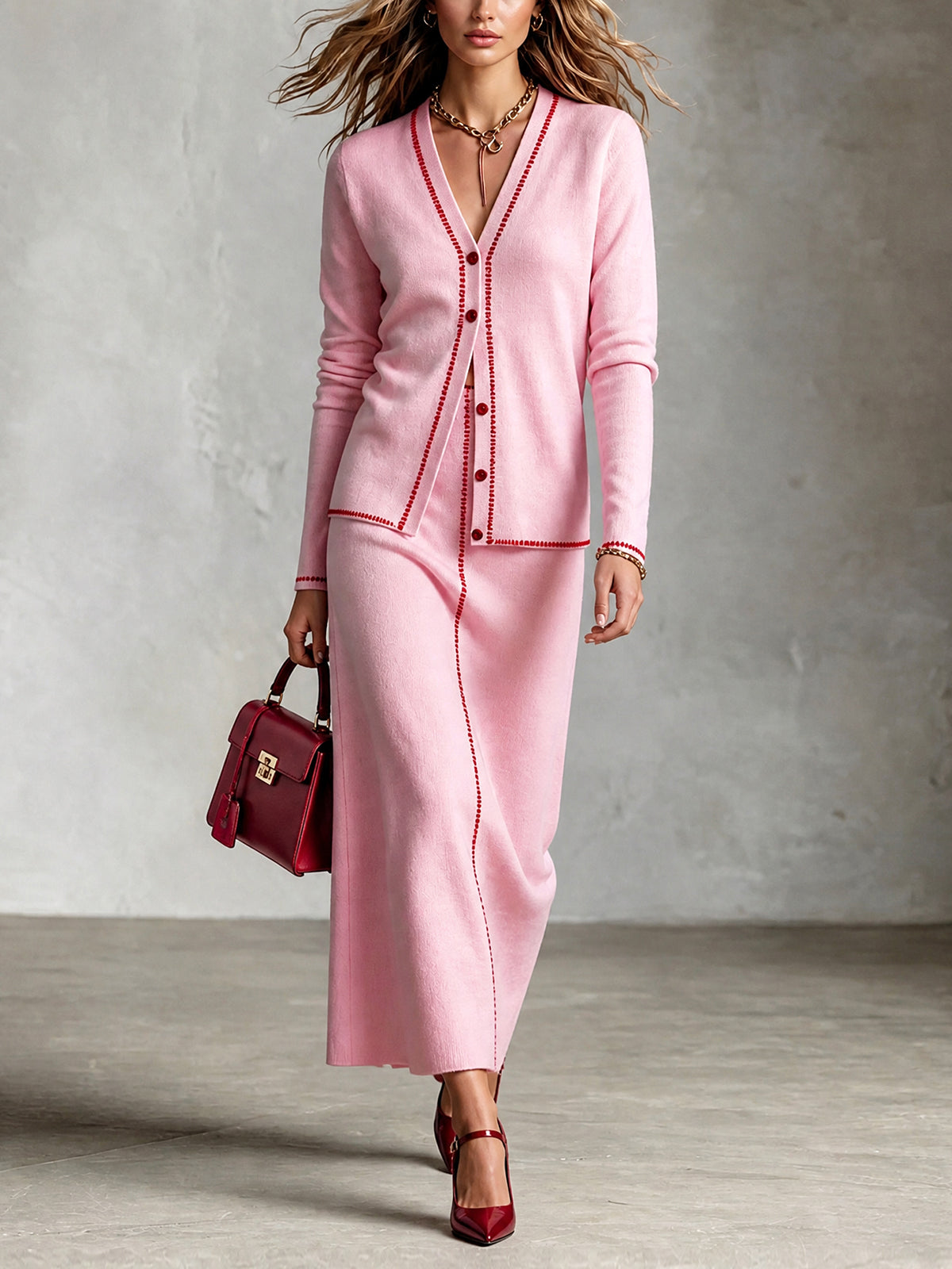 ElevenOra Chic Elegant Pink V-Neck Long-Sleeve Single-Breasted Cardigan Straight Maxi Skirt Red Trim Detail Wool Blend Knit Two-Piece Set
