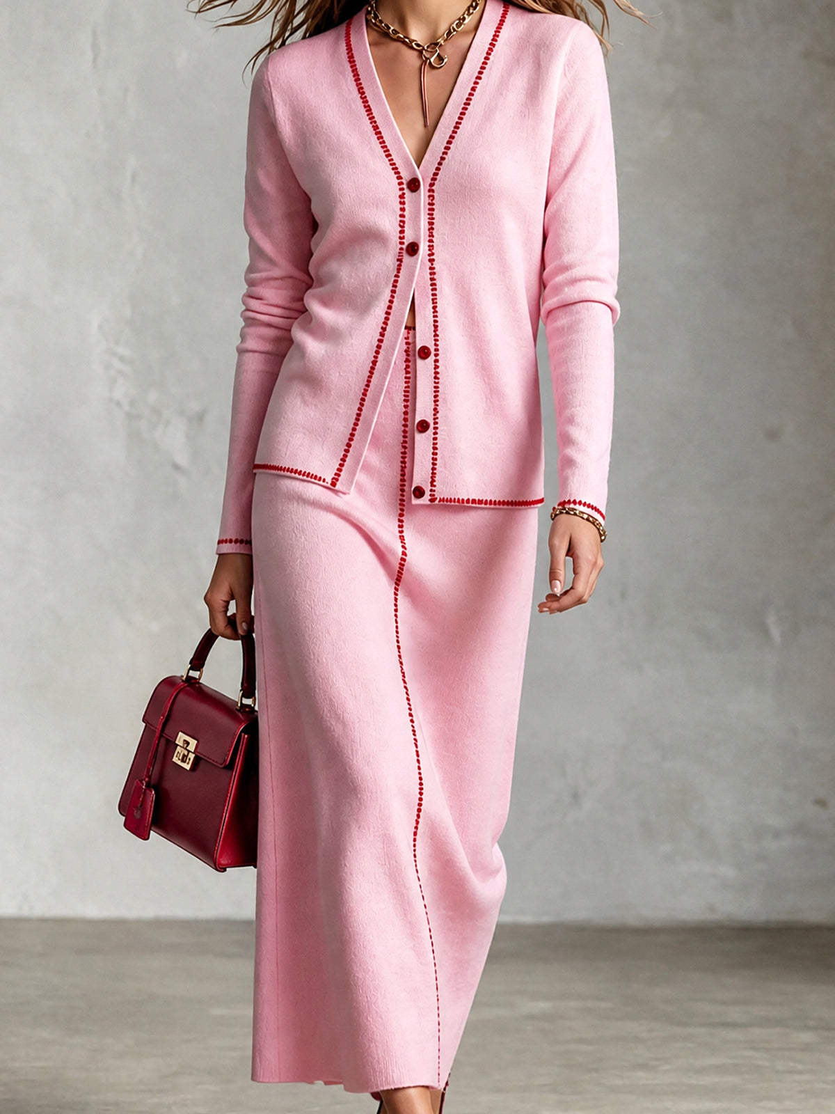 ElevenOra Chic Elegant Pink V-Neck Long-Sleeve Single-Breasted Cardigan Straight Maxi Skirt Red Trim Detail Wool Blend Knit Two-Piece Set