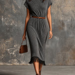 ElevenOra Chic Elegant Gray Melange Drape-Neck Short-Sleeve Fringe Detail Loose-Fit Wool Blend Knit Midi Dress (Belt Excluded)