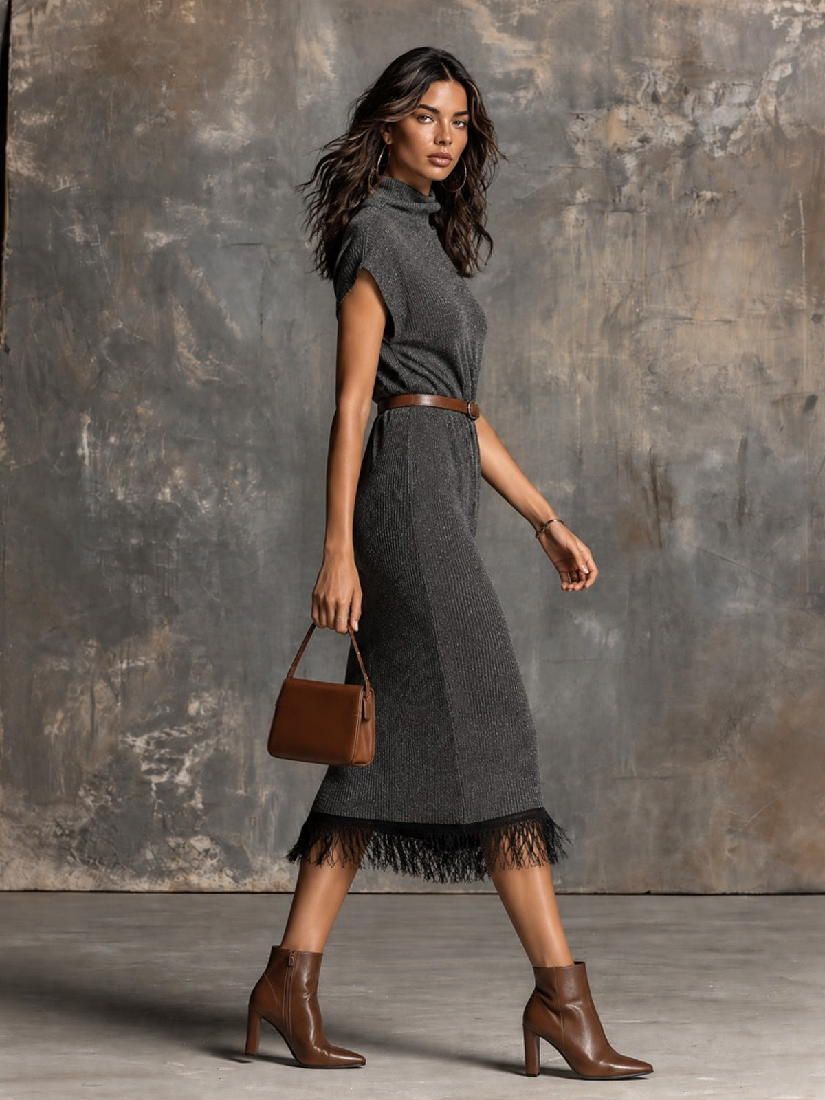 ElevenOra Chic Elegant Gray Melange Drape-Neck Short-Sleeve Fringe Detail Loose-Fit Wool Blend Knit Midi Dress (Belt Excluded)