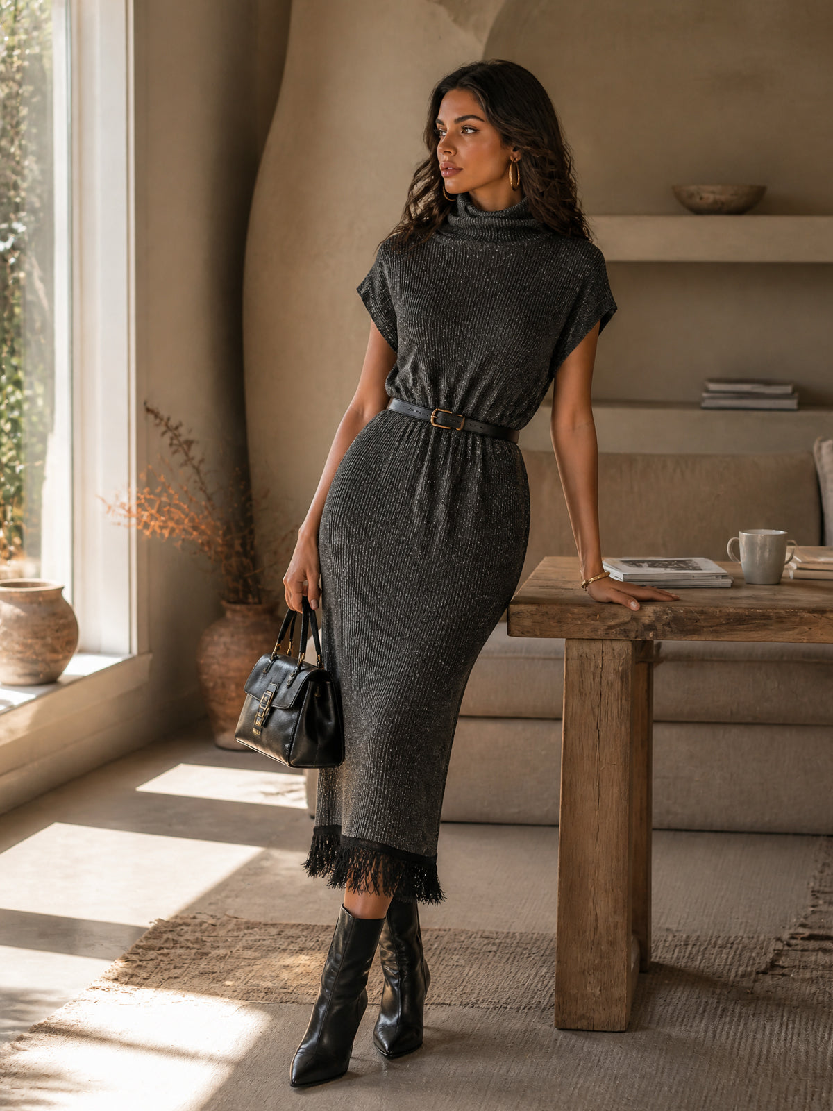 ElevenOra Chic Elegant Gray Melange Drape-Neck Short-Sleeve Fringe Detail Loose-Fit Wool Blend Knit Midi Dress (Belt Excluded)