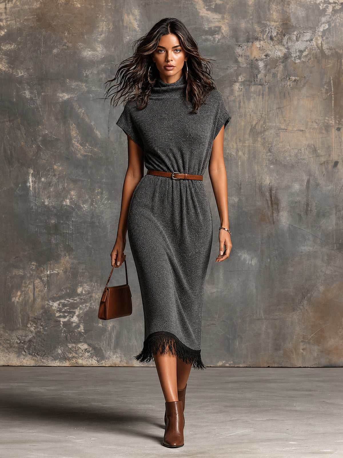 ElevenOra Chic Elegant Gray Melange Drape-Neck Short-Sleeve Fringe Detail Loose-Fit Wool Blend Knit Midi Dress (Belt Excluded)