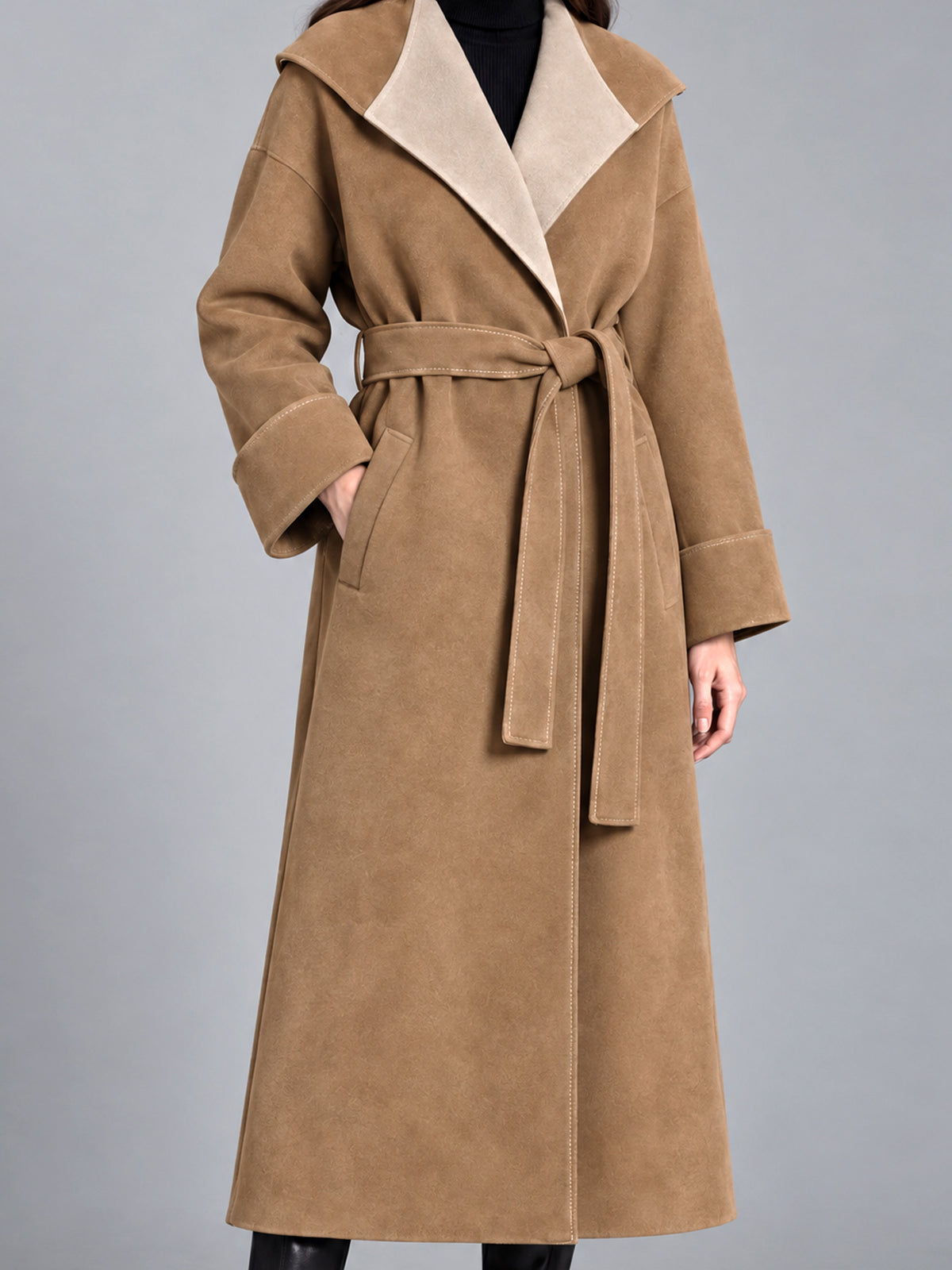 ElevenOra Chic Elegant Camel-Beige Faux Suede Colorblock Large Lapel Long-Sleeve Open-Front Belted Loose-Fit Long Coat