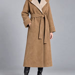 ElevenOra Chic Elegant Camel-Beige Faux Suede Colorblock Large Lapel Long-Sleeve Open-Front Belted Loose-Fit Long Coat