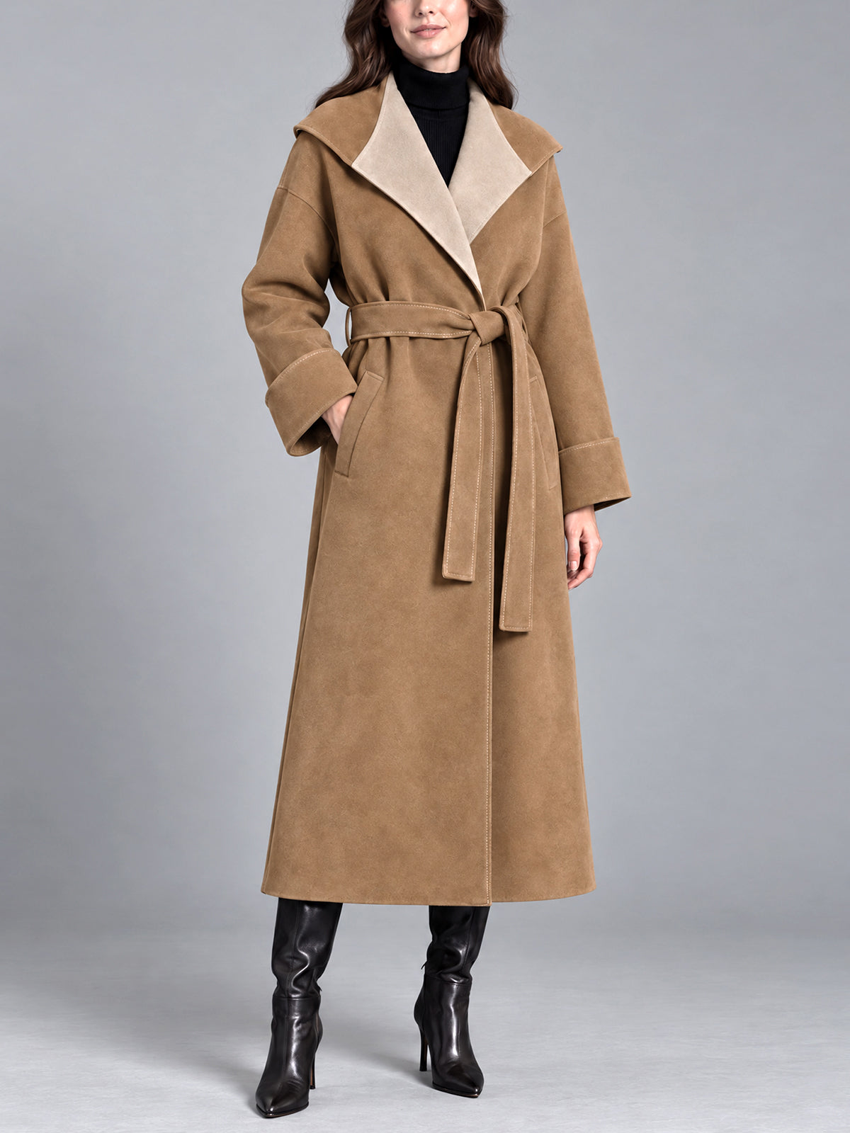 ElevenOra Chic Elegant Camel-Beige Faux Suede Colorblock Large Lapel Long-Sleeve Open-Front Belted Loose-Fit Long Coat