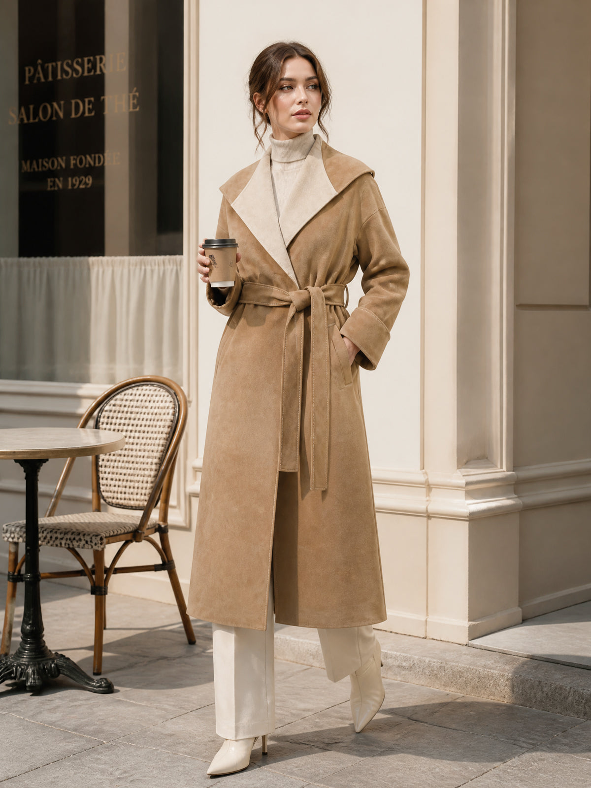 ElevenOra Chic Elegant Camel-Beige Faux Suede Colorblock Large Lapel Long-Sleeve Open-Front Belted Loose-Fit Long Coat