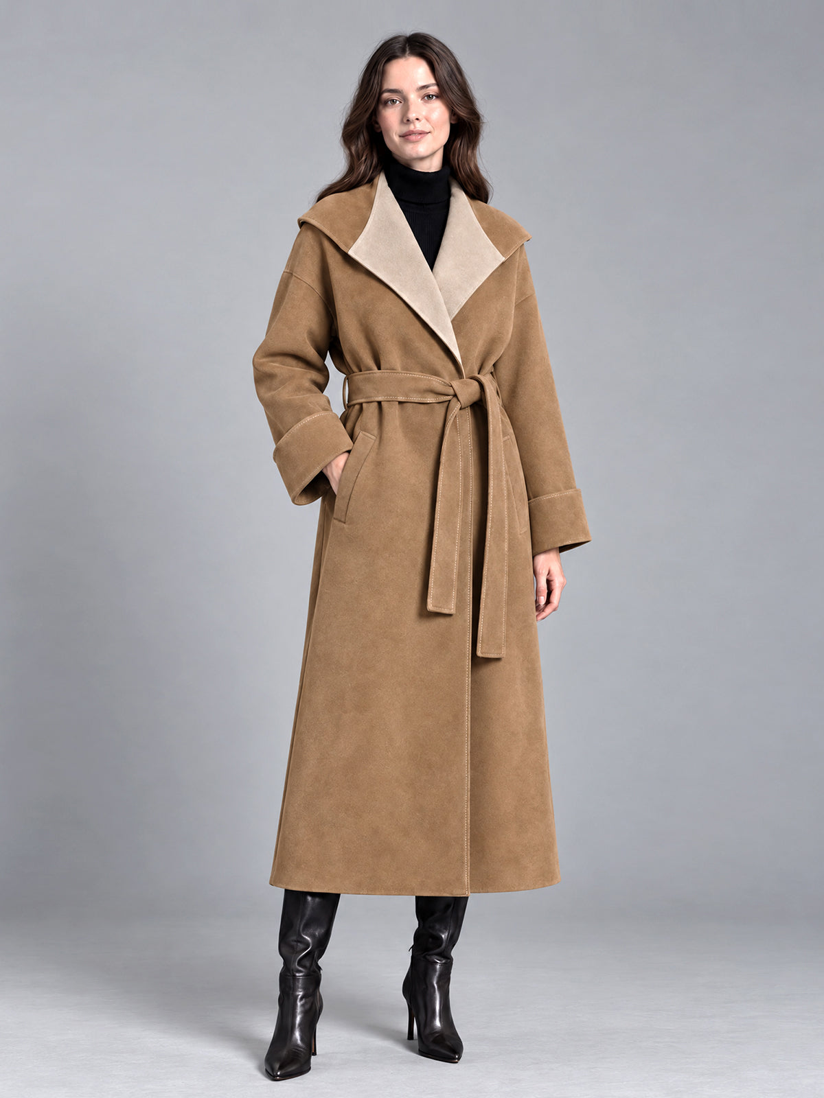 ElevenOra Chic Elegant Camel-Beige Faux Suede Colorblock Large Lapel Long-Sleeve Open-Front Belted Loose-Fit Long Coat