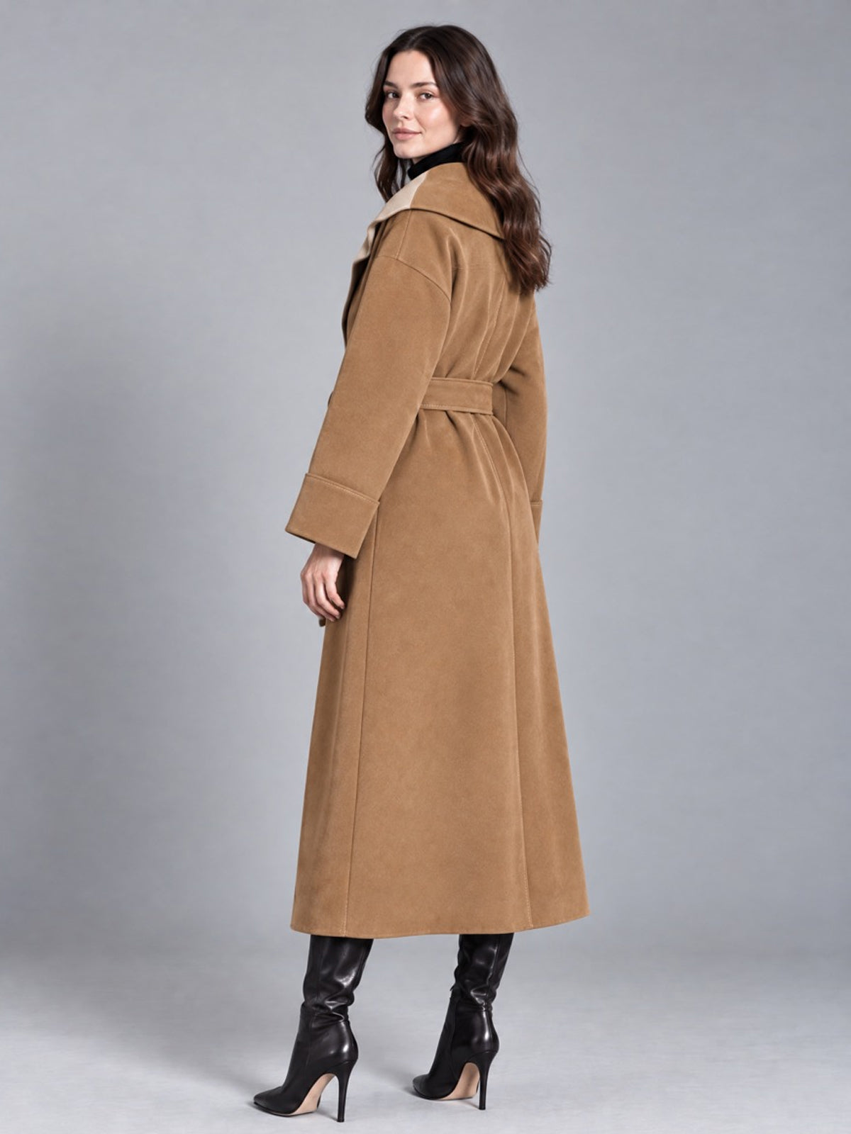 ElevenOra Chic Elegant Camel-Beige Faux Suede Colorblock Large Lapel Long-Sleeve Open-Front Belted Loose-Fit Long Coat