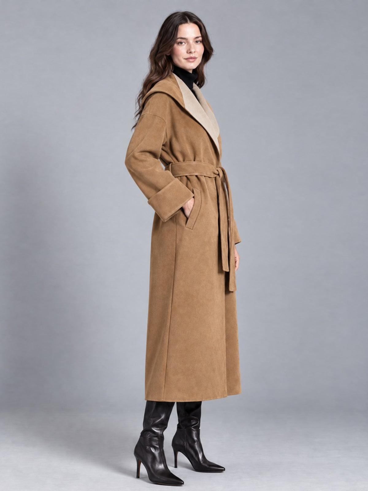 ElevenOra Chic Elegant Camel-Beige Faux Suede Colorblock Large Lapel Long-Sleeve Open-Front Belted Loose-Fit Long Coat