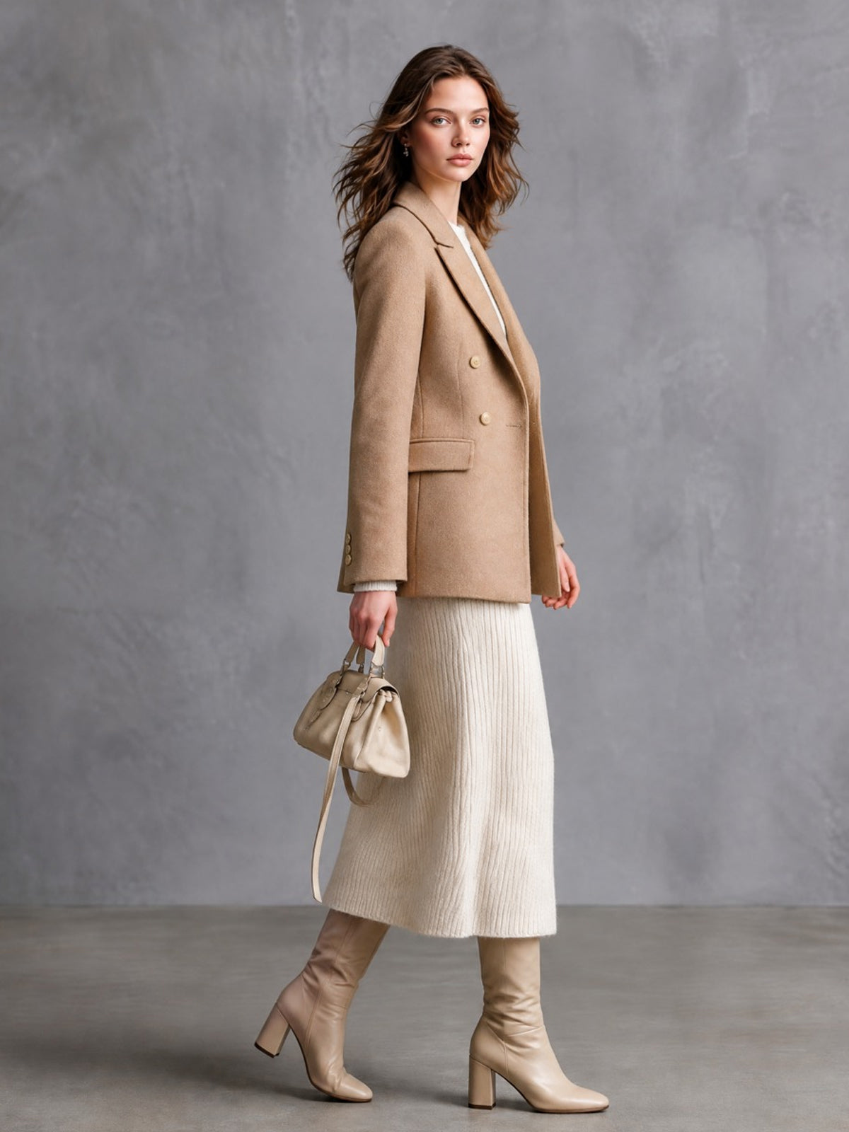 ElevenOra Chic Elegant Camel Woolen Blend Peak Lapel Double-Breasted Long-Sleeve Slim-Fit Warm Blazer