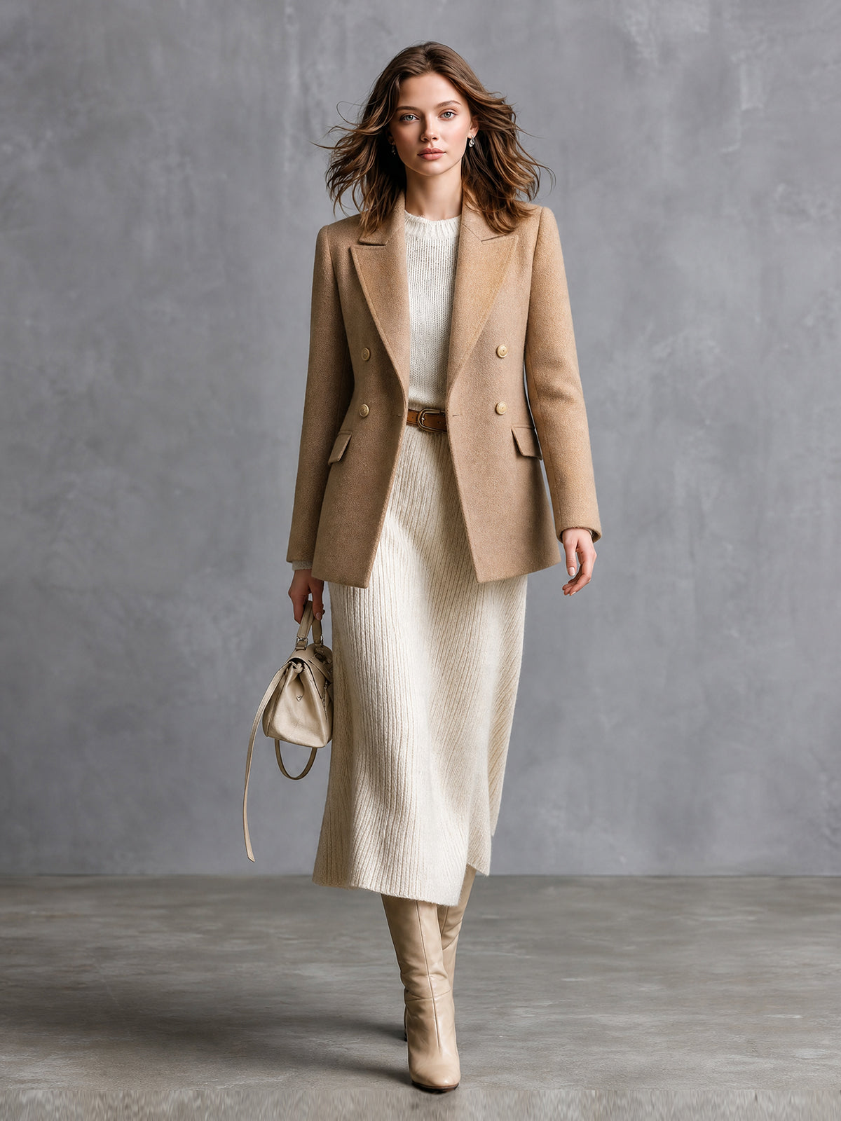 ElevenOra Chic Elegant Camel Woolen Blend Peak Lapel Double-Breasted Long-Sleeve Slim-Fit Warm Blazer