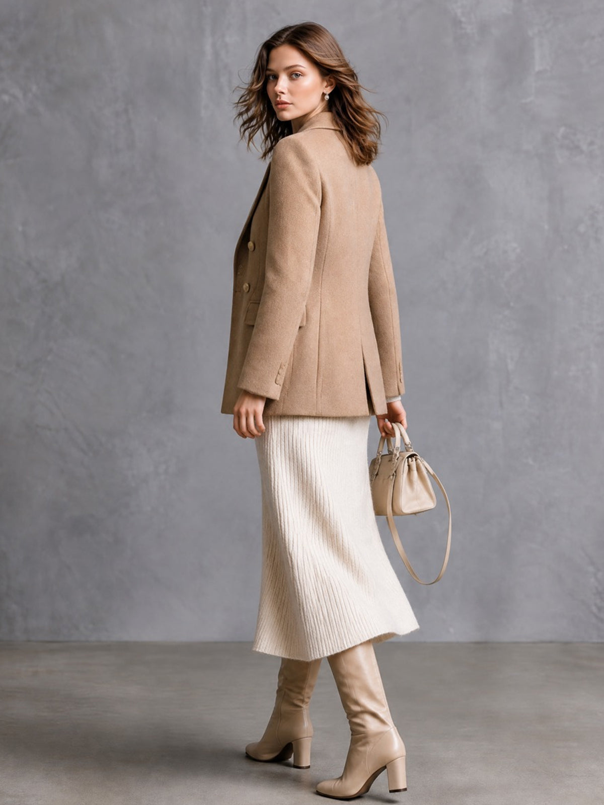 ElevenOra Chic Elegant Camel Woolen Blend Peak Lapel Double-Breasted Long-Sleeve Slim-Fit Warm Blazer